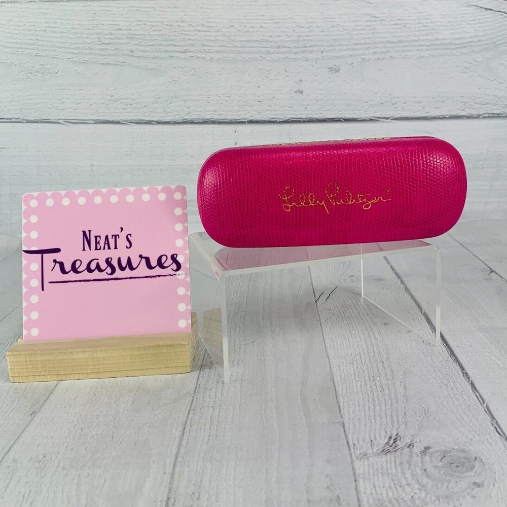 Lilly Pulitzer Hot Pink Blue Interior Hard Alligator Style Hinged Eye Glass Case
